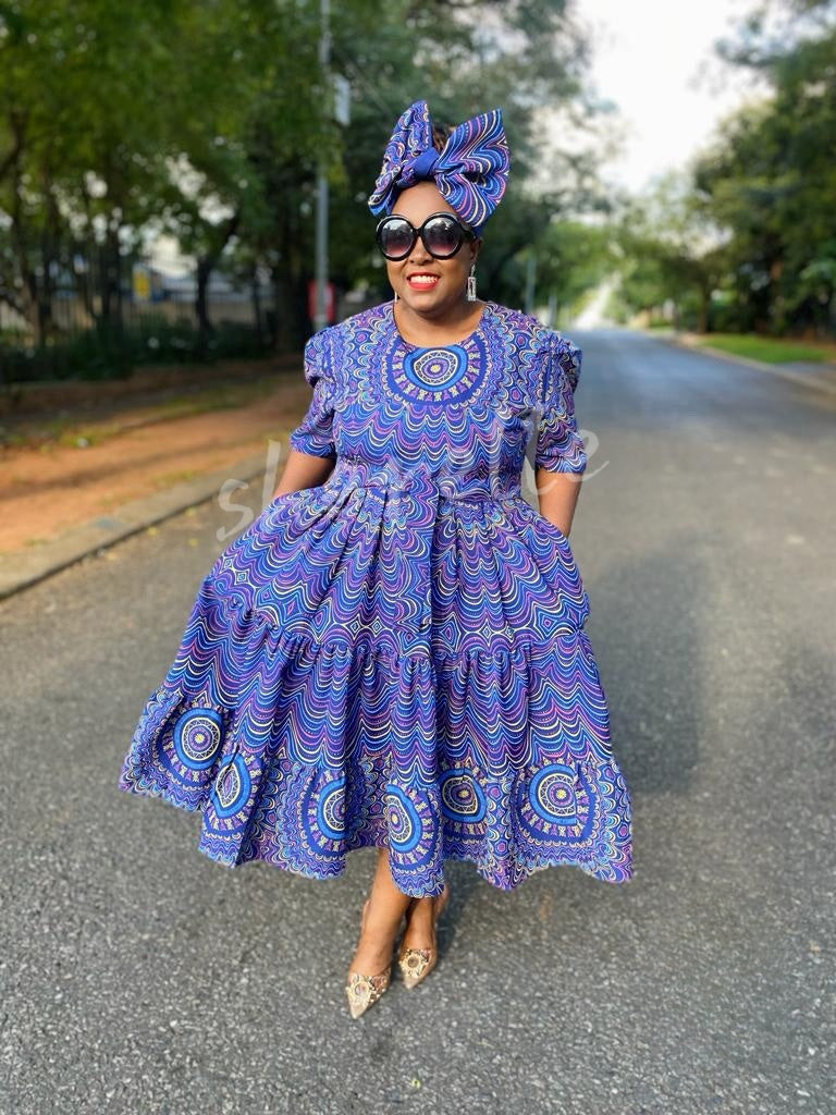 Circular Pattern Ruffle Sleeve Dress with Headwrap Set