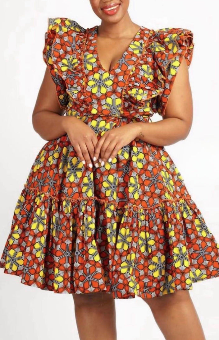 Geometric print ruffle dress with V-neck, sleeveless bodice, tiered skirt