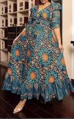 V-neck maxi dress with ruffle hem, teal and navy African print with gold accents