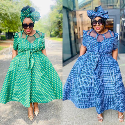 Patterned midi dress set shown in green and blue dots, with bow headwrap