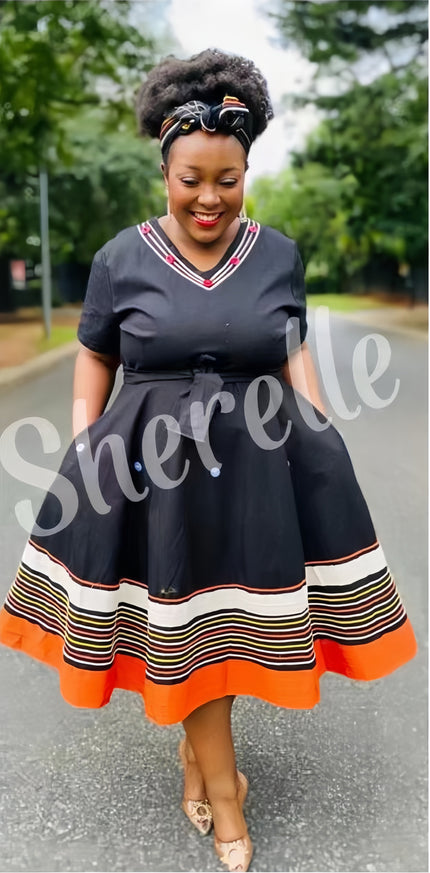V-neck belted midi dress with striped hem bands and orange border, dark color