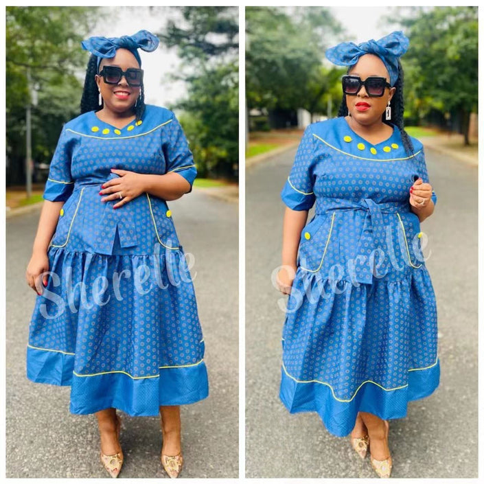 Blue dot-motif ruffle maxi dress with matching headwrap, tiered skirt and scalloped trim