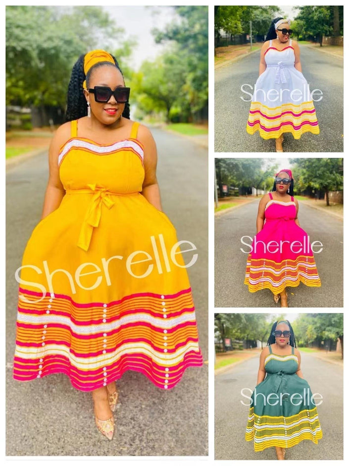 Yellow bandeau midi dress with striped hem, sweetheart neckline, bow at waist and tiered tiers