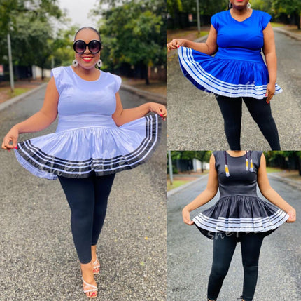 Light blue V-neck flared hem top with striped ruffle hem