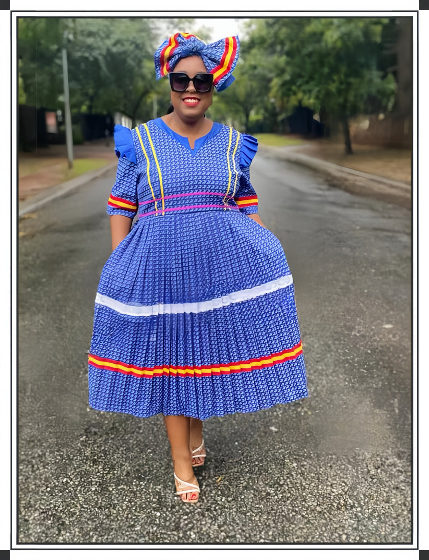 Traditional Patterned Stripe Dress with V-Neckline and Pleated Skirt