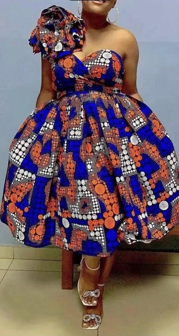 One-shoulder ruffle midi dress in blue with orange and white geometric print