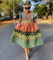 African print puff sleeve midi dress with multicolor geometric yoke and tiered skirt