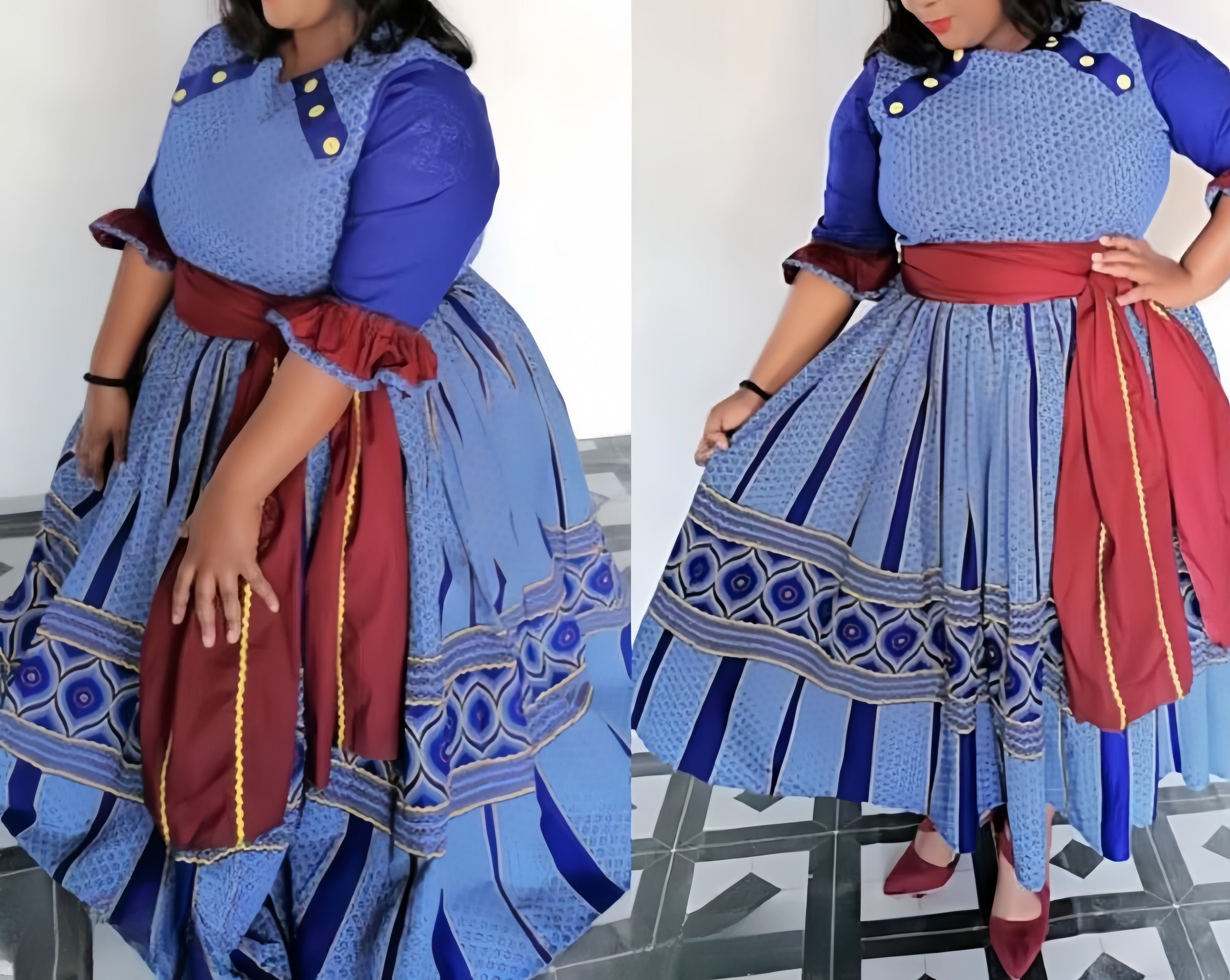 Blue geometric dress with flared skirt, contrast trim and three-quarter sleeves