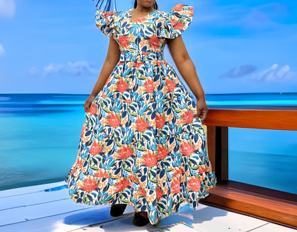 Floral ruffle tiered maxi dress with puff sleeves and gathered waist, multicolor