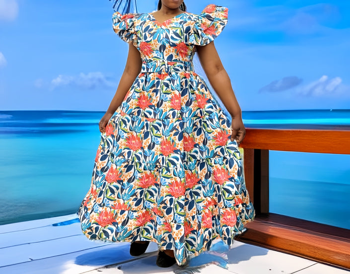 Floral ruffle tiered maxi dress with puff sleeves and gathered waist, multicolor