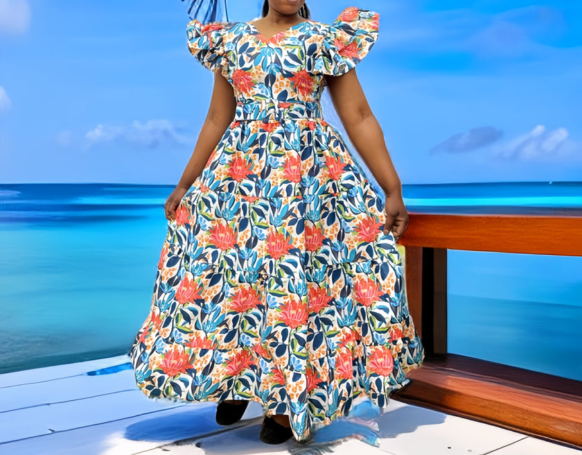 Floral ruffle tiered maxi dress with puff sleeves and gathered waist, multicolor