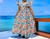 Floral Patterned Traditional Dress with Puffed Sleeves and Ruffled Hem