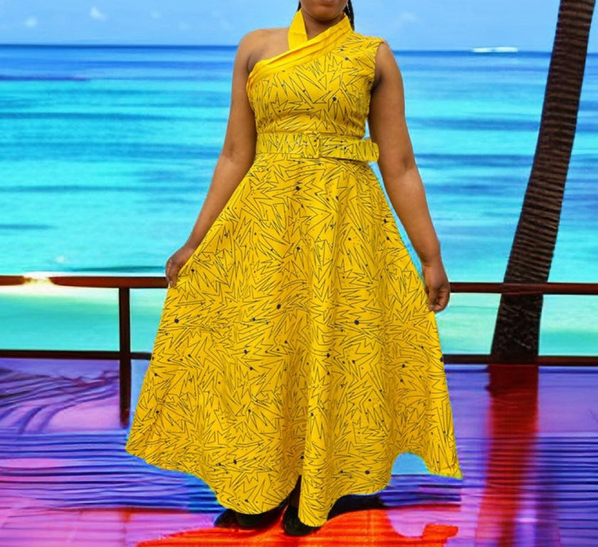 Geometric Patterned One-Shoulder A-Line Dress