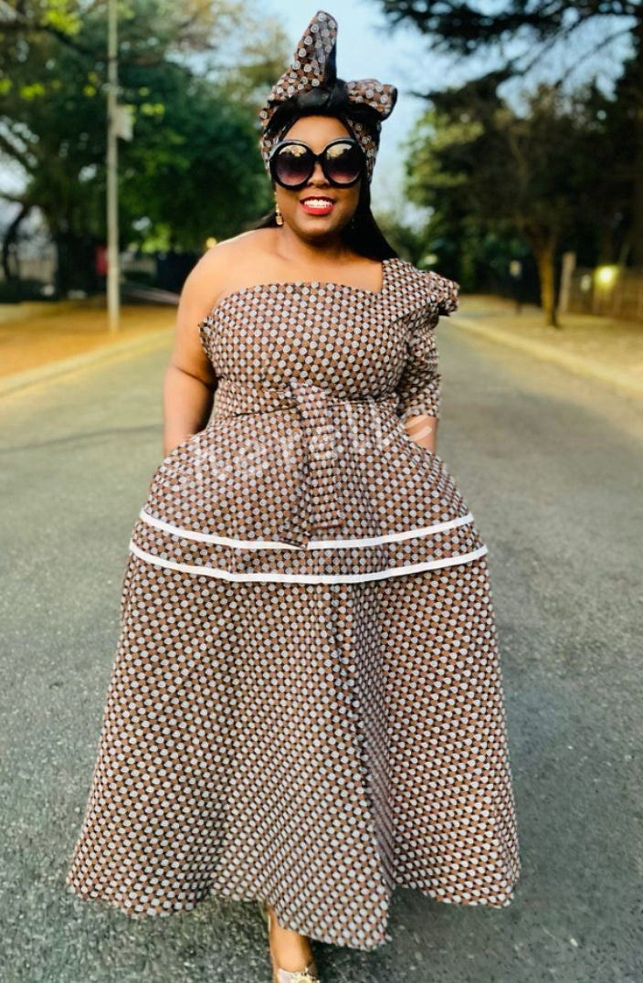 Traditional Geometric Patterned Tiered Dress with Head Wrap Set