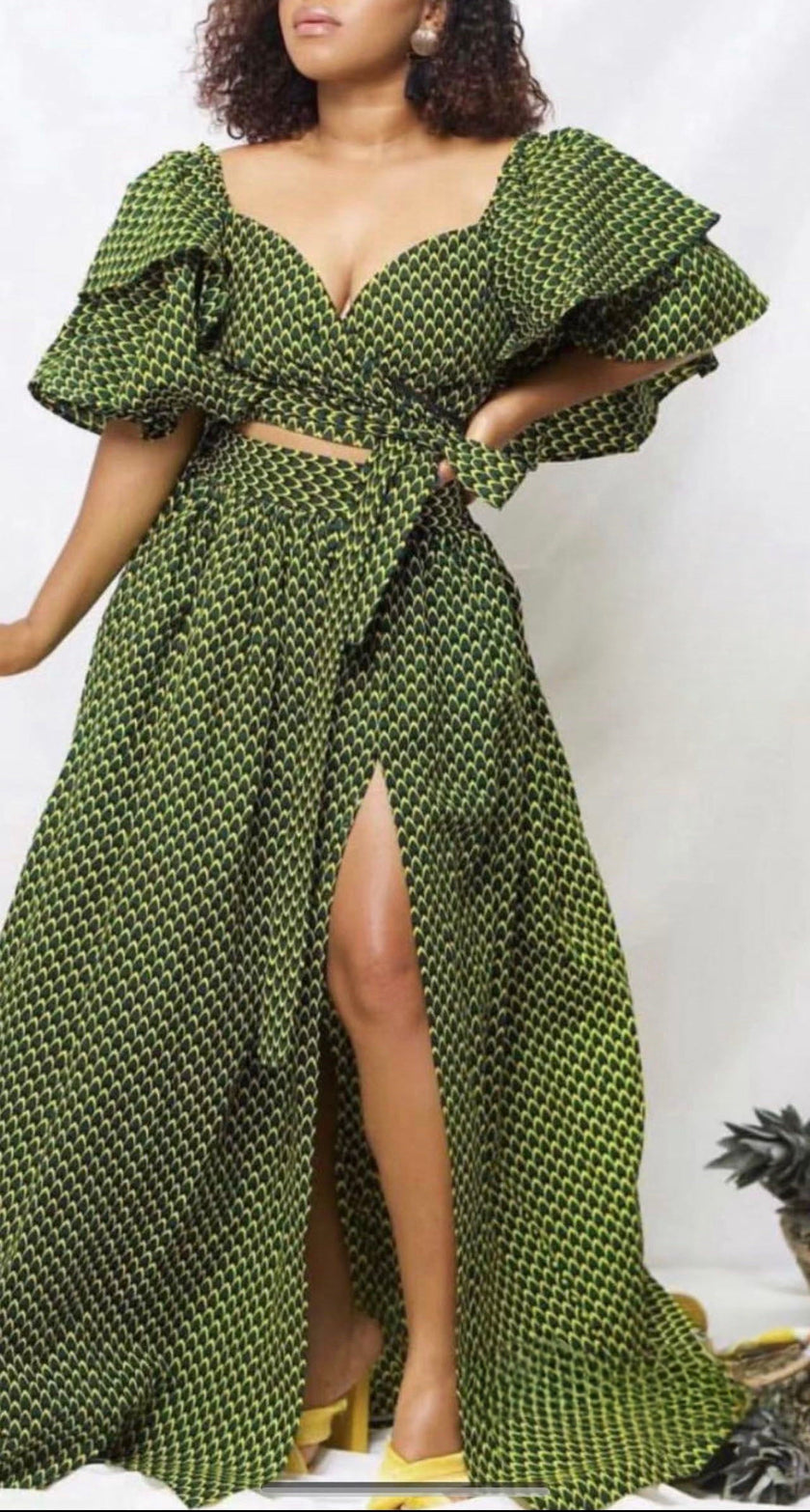 Geometric Pattern Puff Sleeve Crop Top & High-Slit Maxi Skirt Set