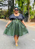 V-Neck Flared Dress with Geometric Patterned Skirt and Bow Waist Detail