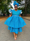 Blue puff-sleeve layered A-line dress with ruffled sleeves and tiered skirt