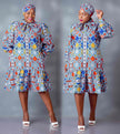 Diamond Motif Printed Dress with High Collar and Ruffle Detailing
