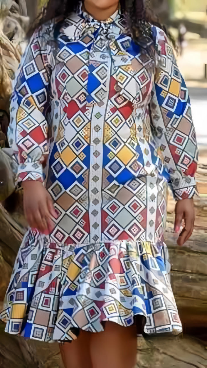 Ruffle mini dress with high collar, long sleeves, and multicolor diamond geometric print.