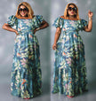 Tropical Leaf Print Ruffle Sleeve Maxi Dress