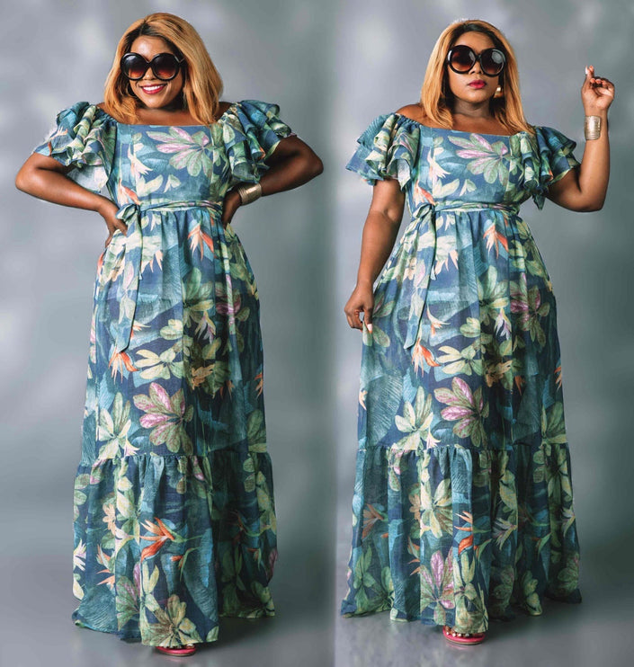 Tropical leaf print maxi dress with ruffled sleeves and elastic waist