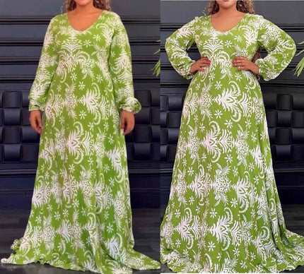 Plus size maxi dress in lime green with white botanical pattern, long sleeves
