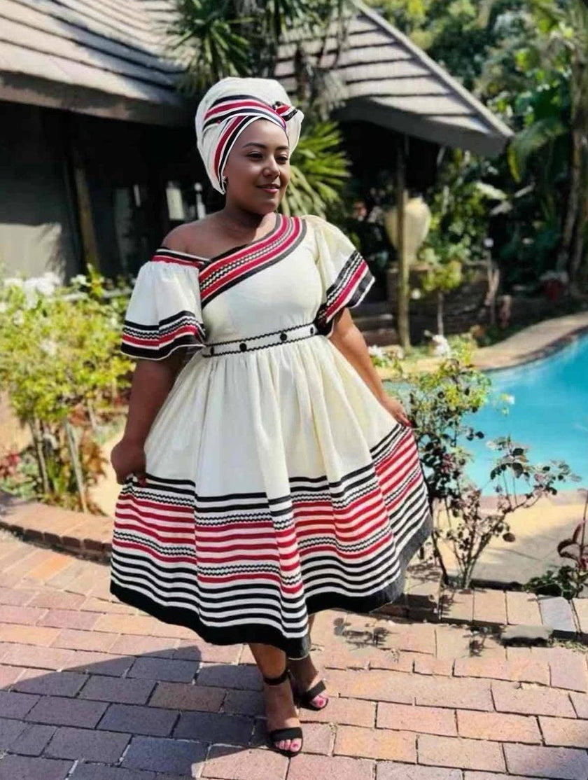 One-Shoulder Ethnic Dress with Red and Black Stripes and Loose Hem