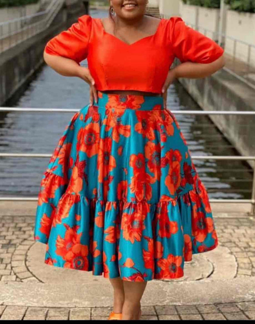 Floral Pattern Puff Sleeve Top & Ruffled Hem Flared Skirt Set