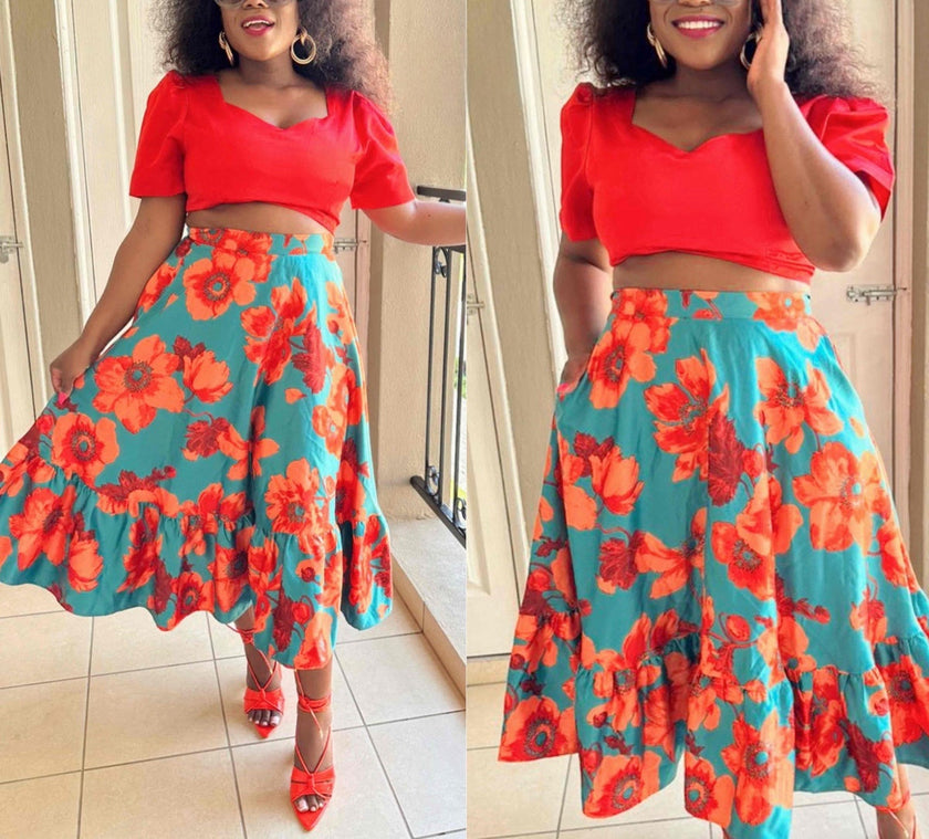Floral Pattern Puff Sleeve Top & Ruffled Hem Flared Skirt Set