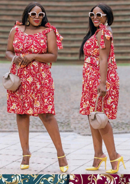 Off-shoulder floral ruffle dress in red with shoulder-baring neckline