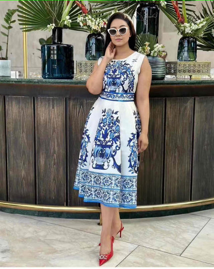 Printed floral midi A-line dress in white with blue pattern, sleeveless bodice