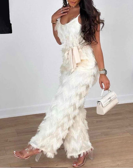 Belted textured jumpsuit with fringe, sleeveless scoop neck, white tiered layers
