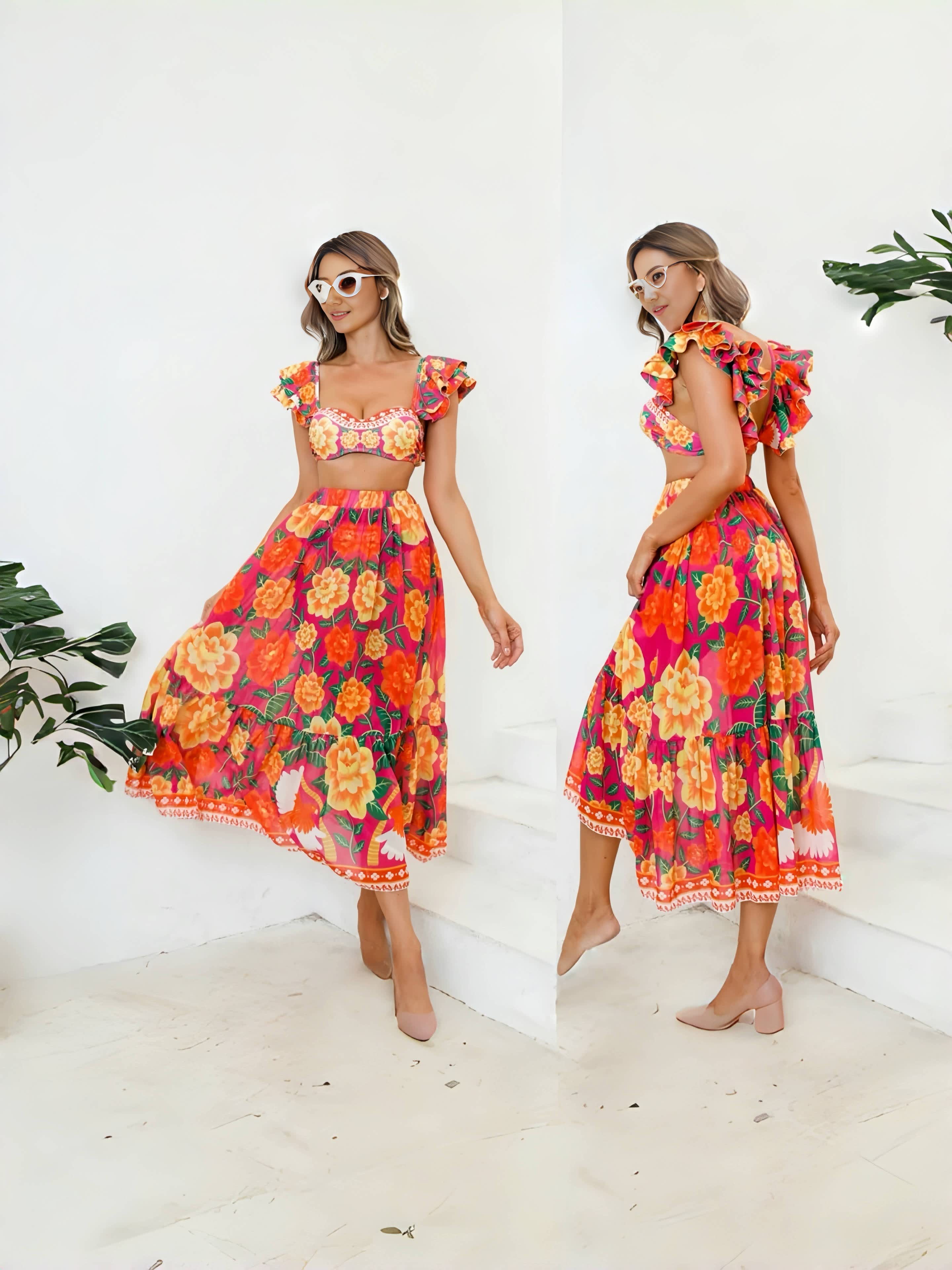Floral off-shoulder ruffle midi dress with tiered skirt in bright orange and yellow