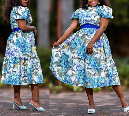 Floral puff-sleeve midi dress with stretch waist, blue-and-white print, tiered skirt