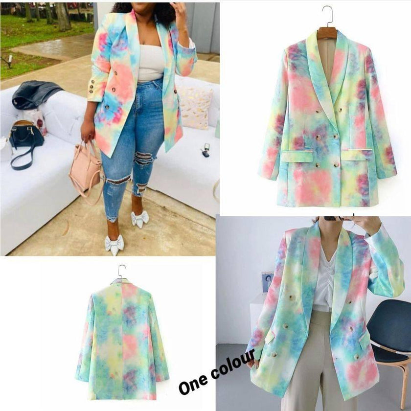 Women's Double-Breasted Lapel Colorful Abstract Print Blazer