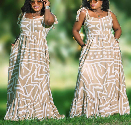 Scoop-neck sleeveless maxi dress with geometric abstract print and tiered skirt