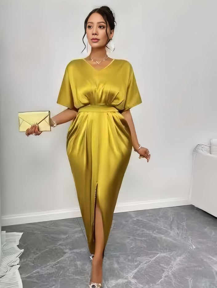 FashionPrice Evening Midi Dress – High Waist Front Slit