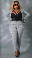 Checkered high-waist slim-fit trousers, grey and black with belt loops