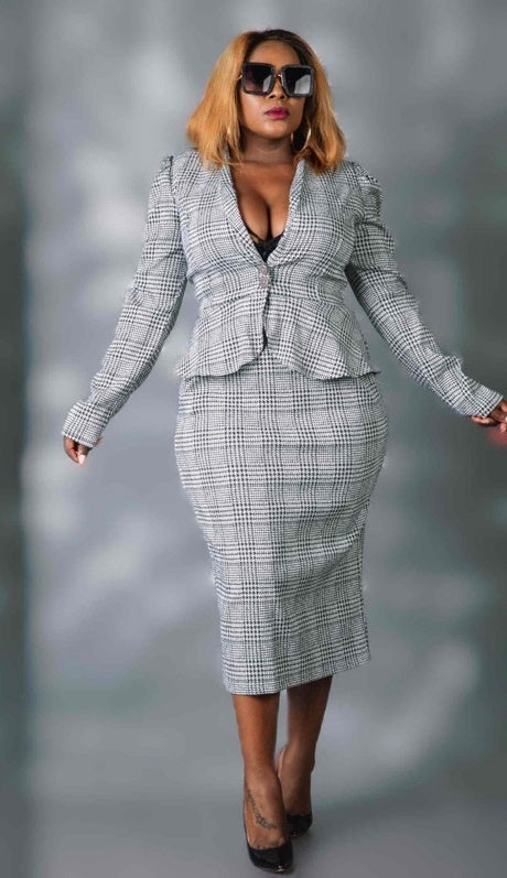 Checkered blazer and pencil skirt set with stretch waistband, gray and white knit