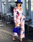 Abstract printed twin set: long-sleeve top and loose trousers, watercolor pink and blue