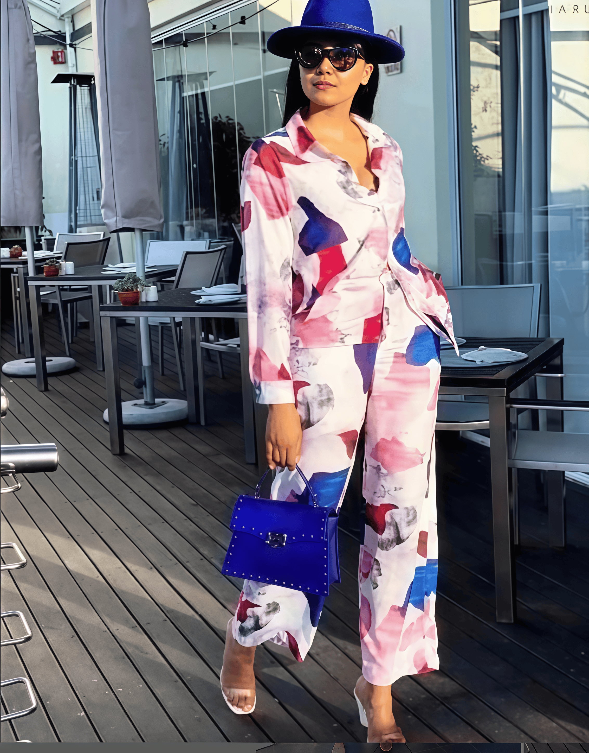 Abstract printed twin set: long-sleeve top and loose trousers, watercolor pink and blue