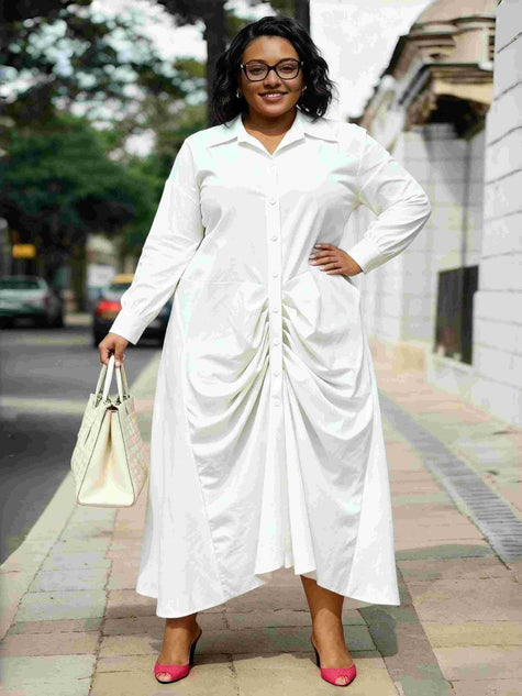 Dress Ruched Button Long Chic Casual Outfit