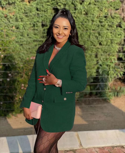 Women’s dark green double-breasted blazer with notched lapels, long sleeves, gold buttons