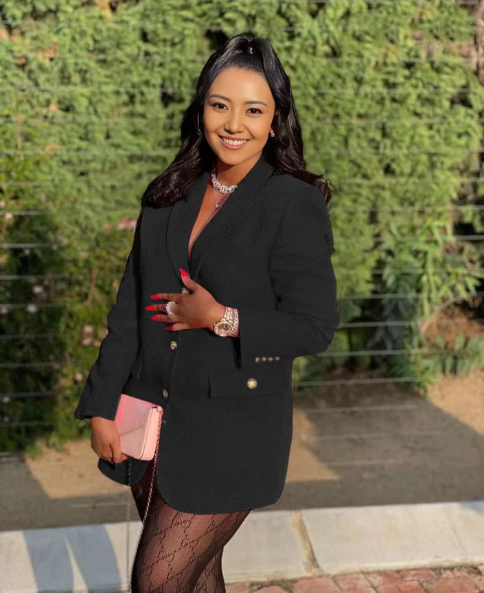 Women’s black double-breasted blazer with notched lapels, long sleeves, gold buttons