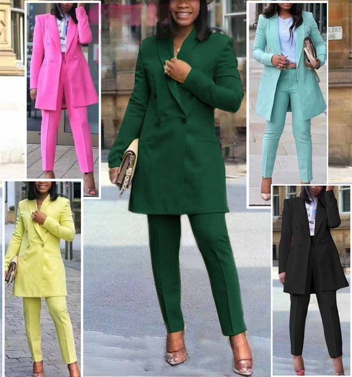 Women’s suit set with blazer and pants in dark green, pink, cyan, yellow, and black.