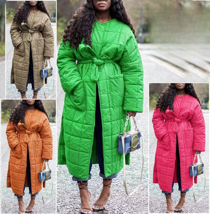 Quilted belted long puffer coat in bright lime green with tie waist