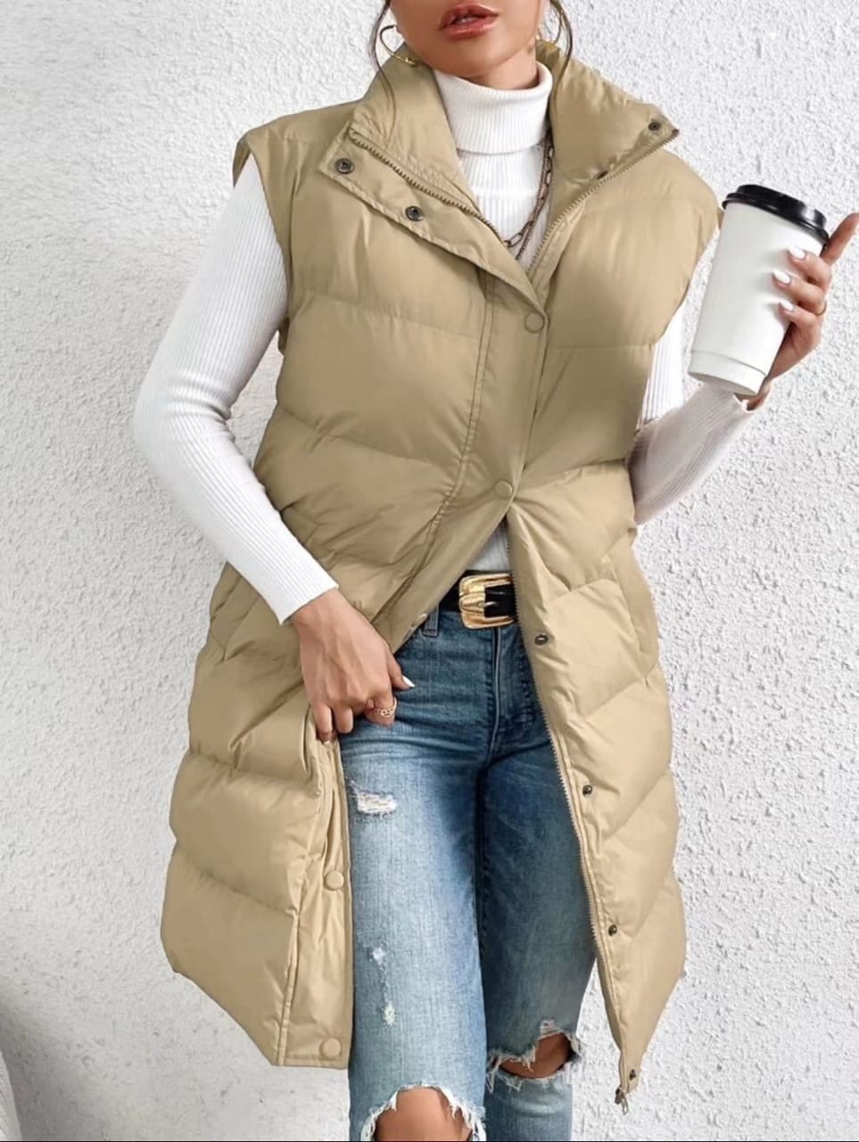Cream puffer vest with high collar, quilted padding, button front
