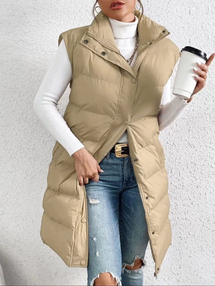 Cream puffer vest with high collar, quilted padding, button front