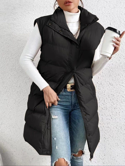 Black puffer vest with high collar, quilted padding, snap-button front