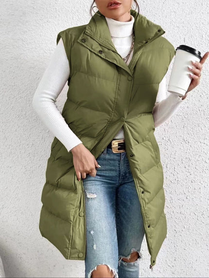 Olive puffer vest with high collar, quilted padding, button front